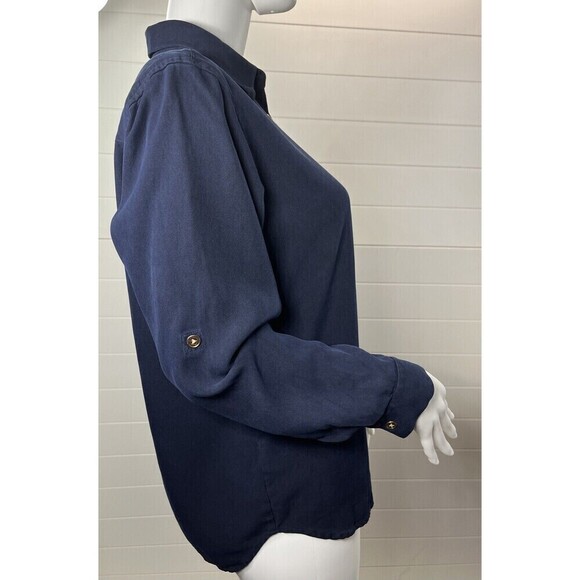 Lauren Ralph Lauren Silk Button Up Shirt 8 Navy RL Equestrian Crest Academia - Picture 8 of 11